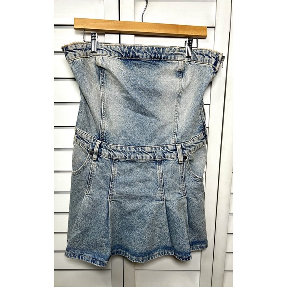 Zara Dresses & Skirts - Zara Strapless Pleated Denim Mini Dress Women's Size Medium Light Wash